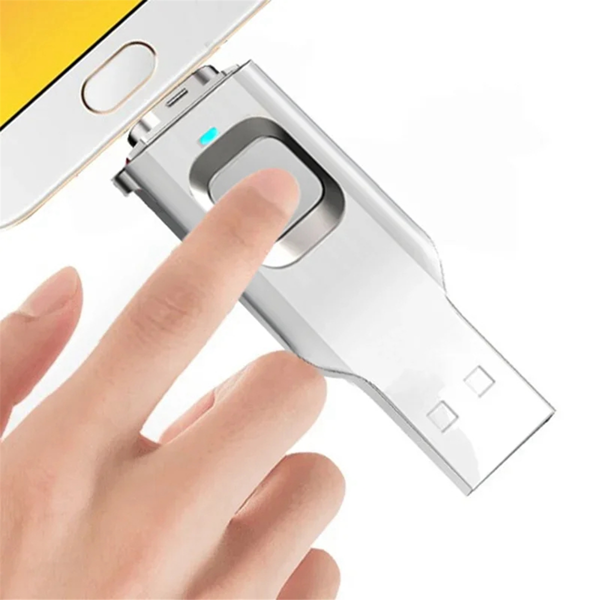 Finger pressing fingerprint sensor on SecureKey USB drive