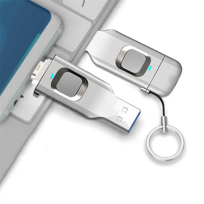 SecureKey USB drive plugged into laptop with keyring attachment